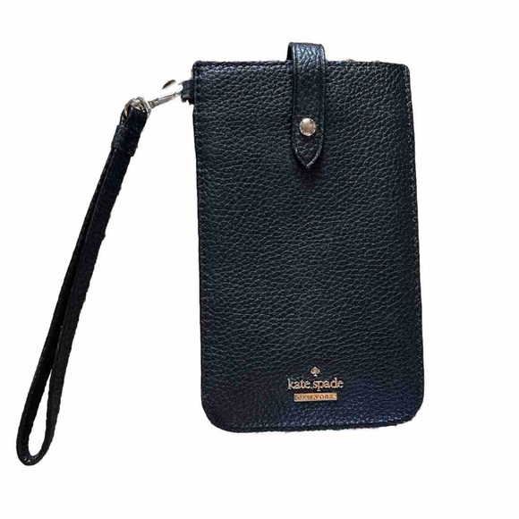 Kate Spade Black Pebbled Leather Card Case Wristlet Fits iPhone Plus - Picture 1 of 6